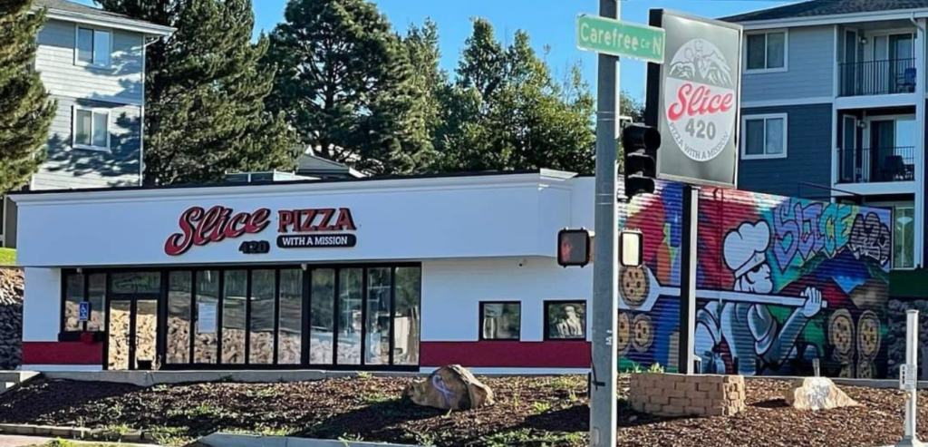 Roadside view of new Slice420 pizza location in Oro Blanco